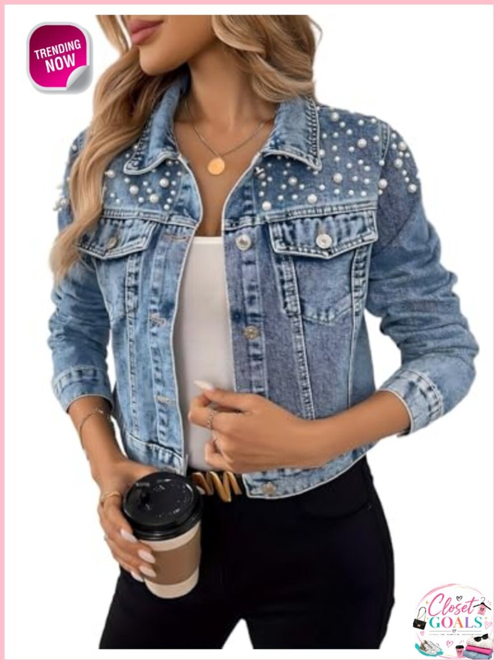 Pearl Embellished Denim Jacket Button Front Cropped Jean Jacket